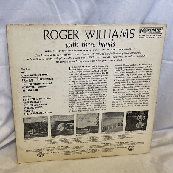 Roger Williams With These Hands (Vinyl, 1959) Kapp Records KS-3030 Good LP - Picture 3 of 12